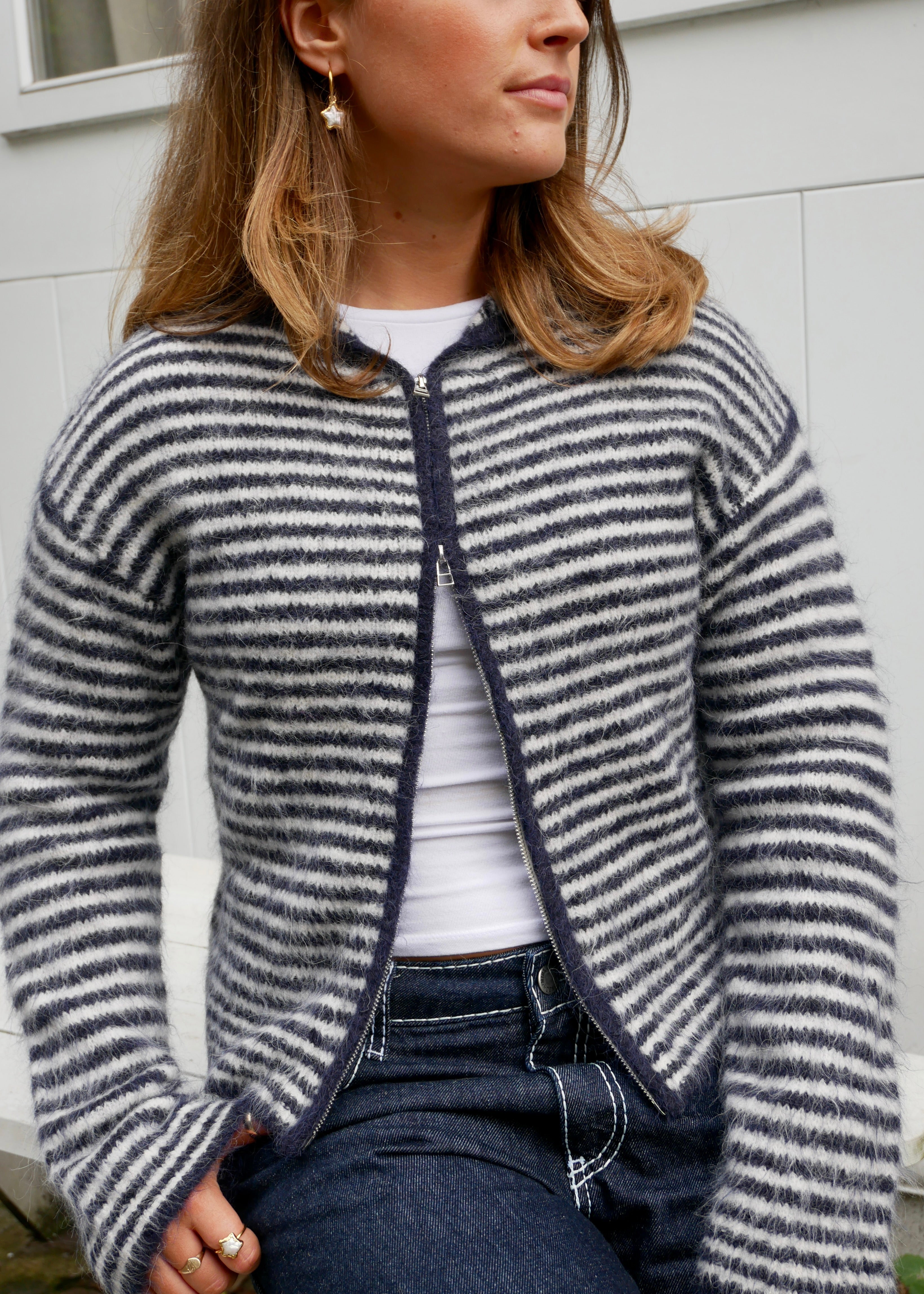 Dual Zip Hoodie - Navy & Cream Stripe
