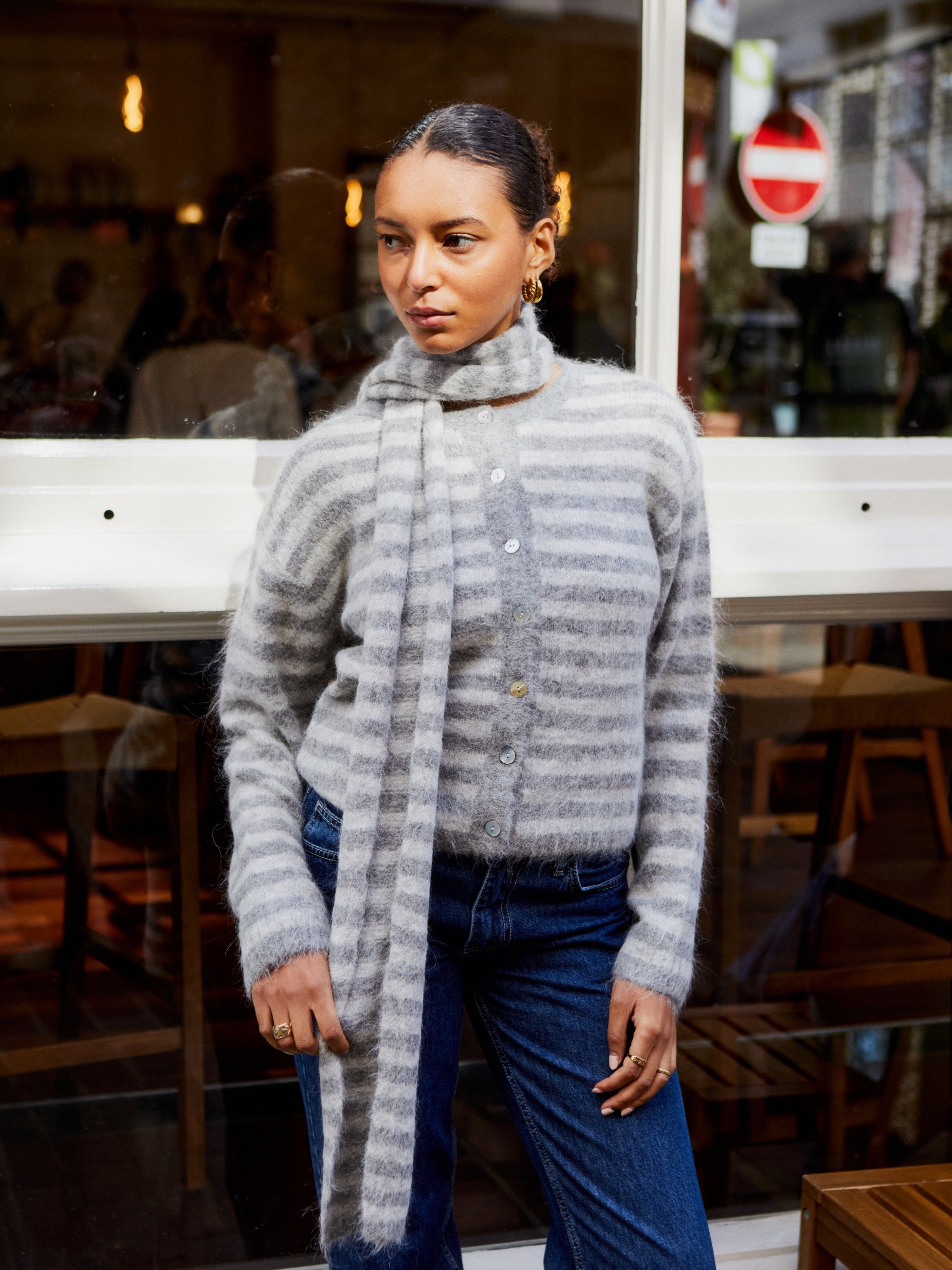 Evie Cardigan - Grey Stripe Main image