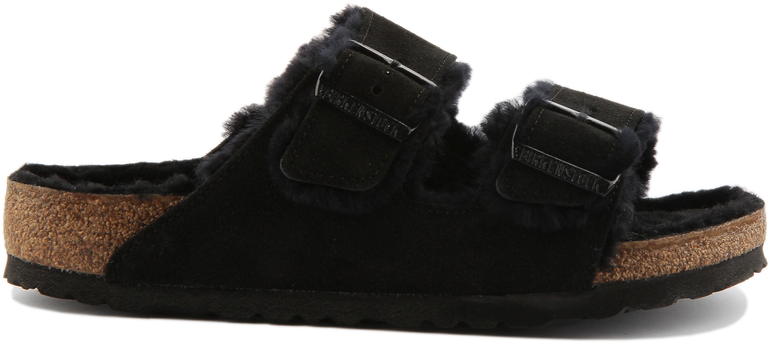 Birkenstock Arizona Shearling Sandale en daim à double lanière poure en noir Secondary image