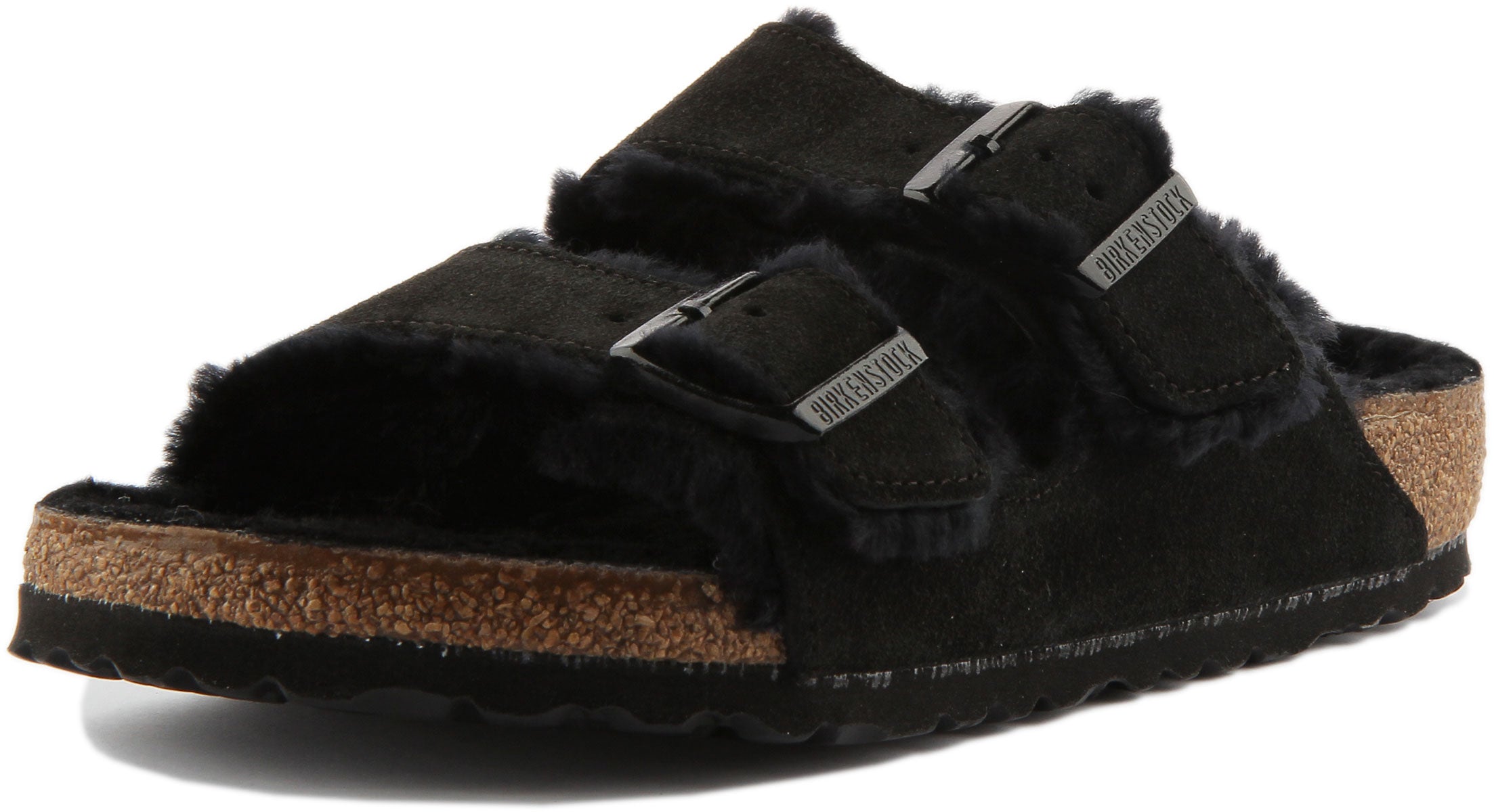 Birkenstock Arizona Shearling Sandale en daim à double lanière poure en noir