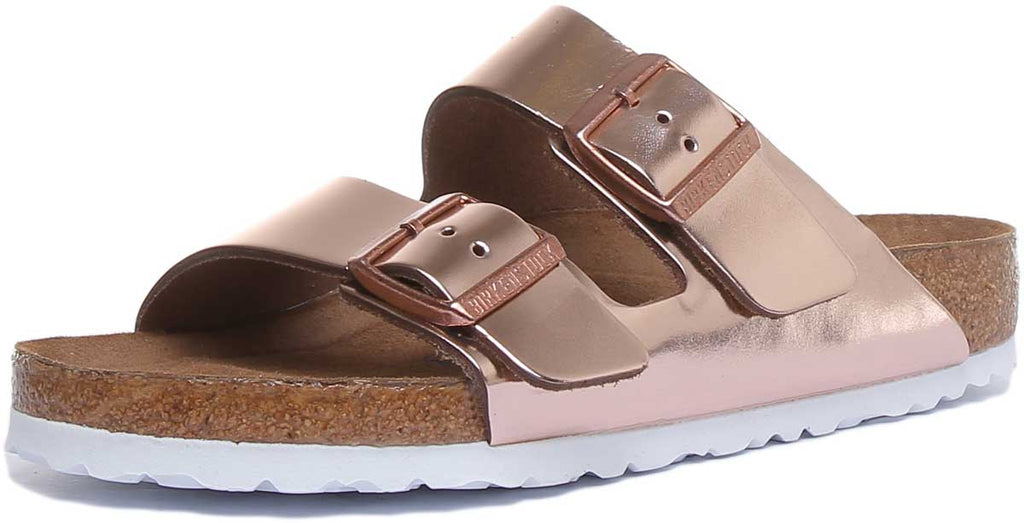 Birkenstock Arizona Sandale métallique à 2 brides avec semelle souple pour femme en cuivre