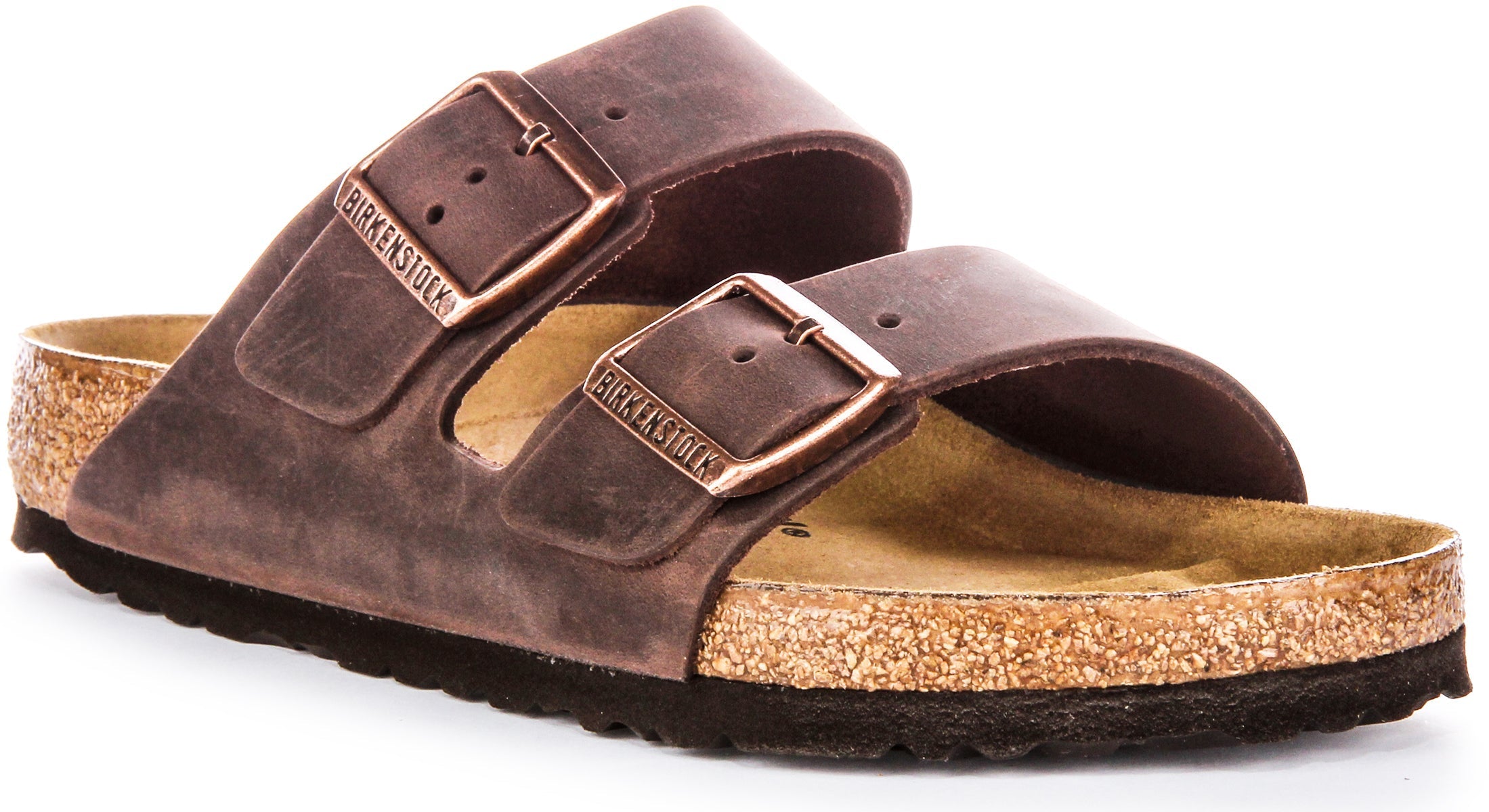 Birkenstock Arizona BS Sandales en Cuir Huilé avec Deux Brides Ajustables et Semelle en Liège Anatomique pour Femmes en Marron Foncé Main image