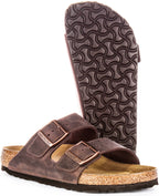 Birkenstock Arizona BS Sandales en Cuir Huilé avec Deux Brides Ajustables et Semelle en Liège Anatomique pour Femmes en Marron Foncé