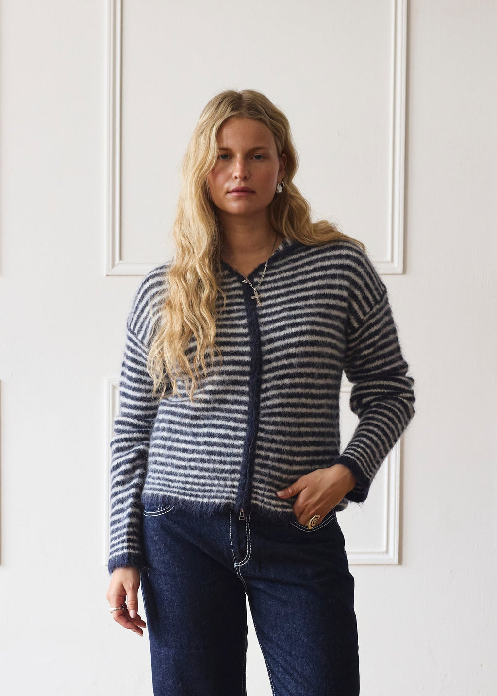 Dual Zip Hoodie - Navy & Cream Stripe