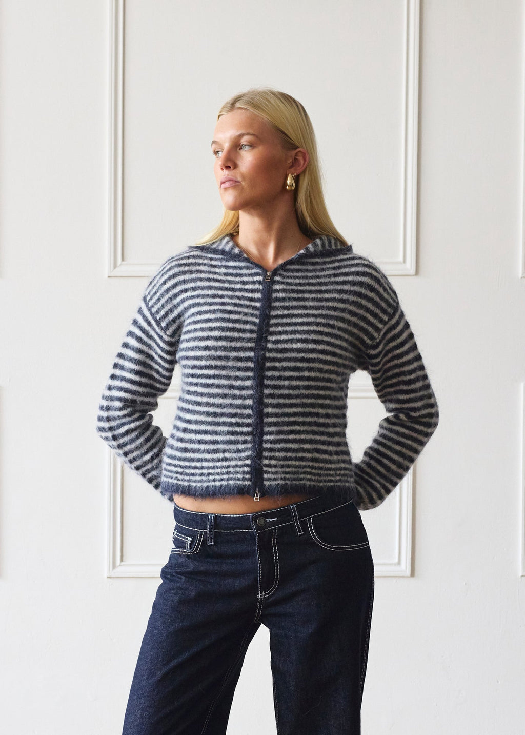 Dual Zip Hoodie - Navy & Cream Stripe