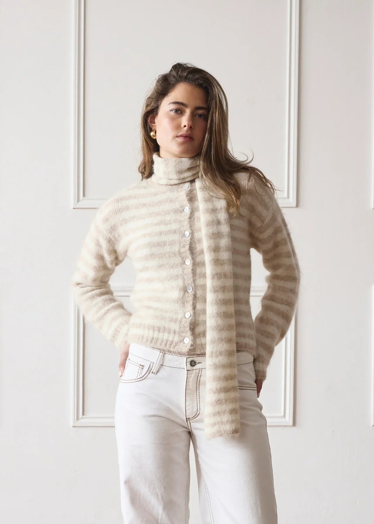 The Beige Stripe Evie Cardigan & Scarf Co-Ord Main image