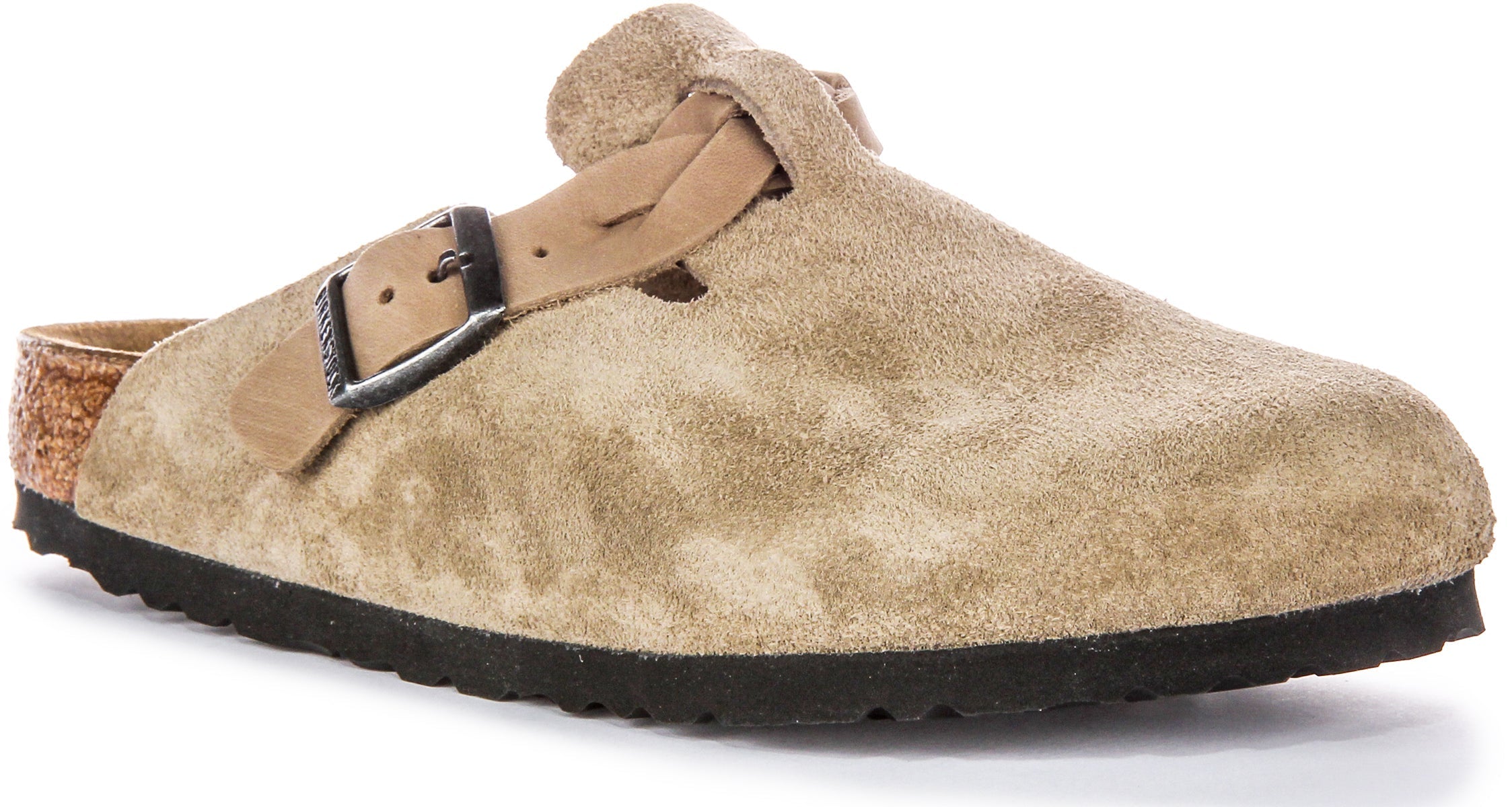 Birkenstock Boston Braided Elegant Pin Sandales Élégantes en Cuir Suédé Taupe Main image
