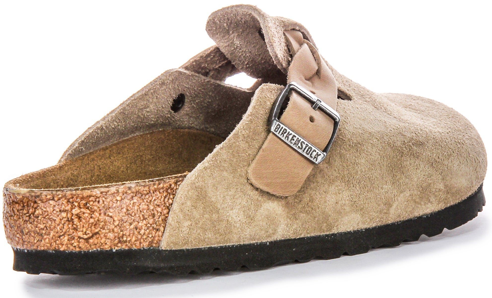 Birkenstock Boston Braided Elegant Pin Sandales Élégantes en Cuir Suédé Taupe